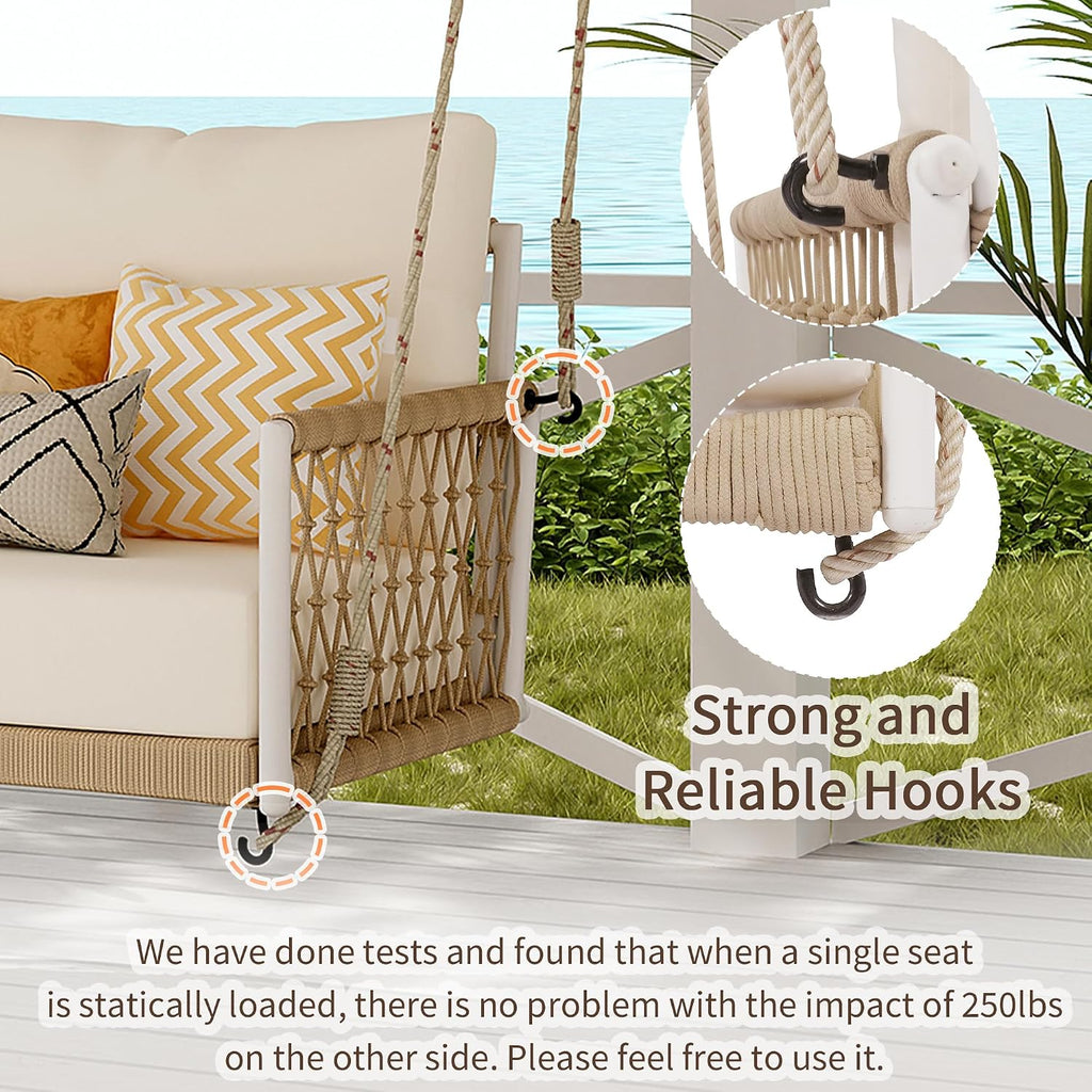 51.6" Porch Swing Bed with Cushions, 2-Person Patio Swing Bench, PE Wicker Outdoor Hanging Seat with Woven Rattan