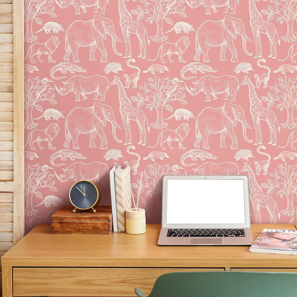 17.5x276 Cute Pink Peel and Stick Wallpaper Giraffe Bird Tree Elephant Animal Wall Paper Mural Girly Pink Contact