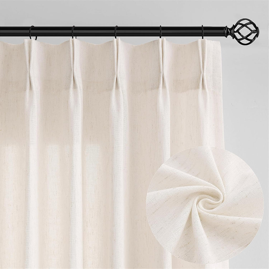 Pinch Pleat Linen Sheer Curtains for Patio Sliding Door Light Filtering Semi Sheer