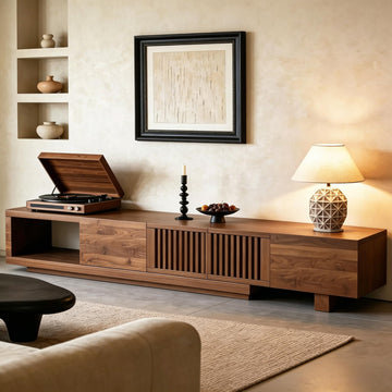 78.54-103" Mid-Century Modern Walnut TV Stand, Extendable Media Console with Slatted Door Design, Featuring Drawers