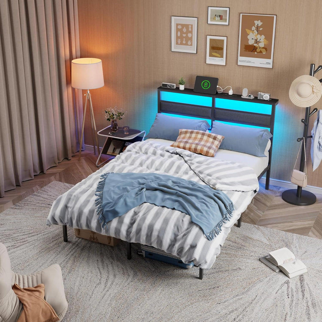 Full Bed Frame with Headboard, Bed Frame Full with LED Light and Charging Station