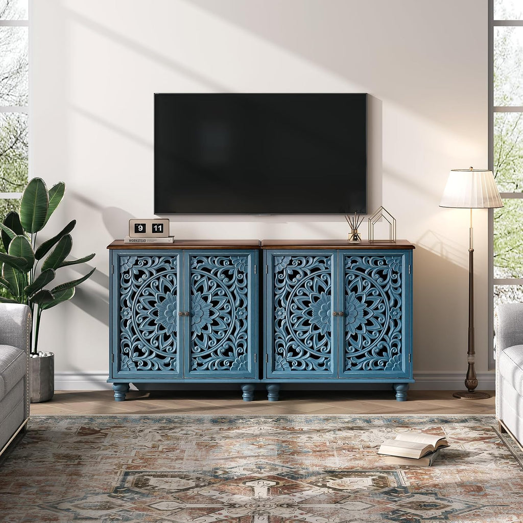 31" Accent Storage Cabinet with Mandala Carved Doors,Blue & Walnut | Carved Floral Design, Solid Wood Legs, Farmhouse