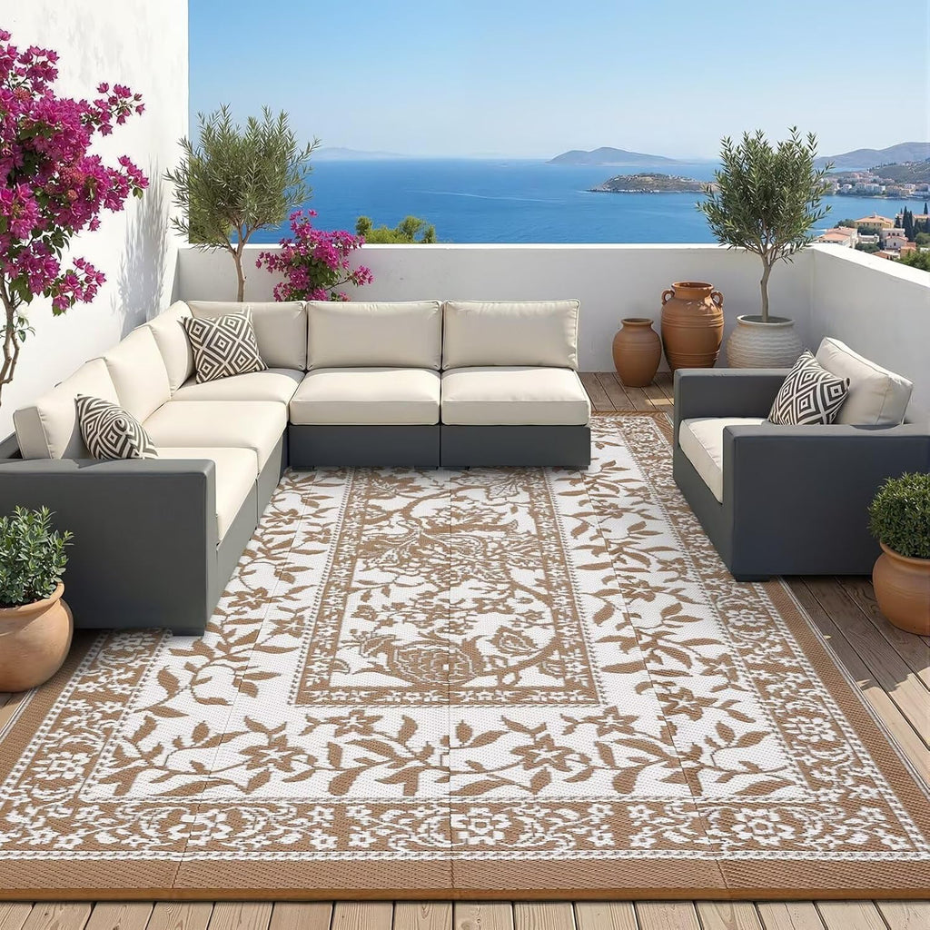 Outdoor Rug 9x12, Waterproof Reversible Foldable Plastic Straw Rug, Botanical cottagecore Outdoor Ru