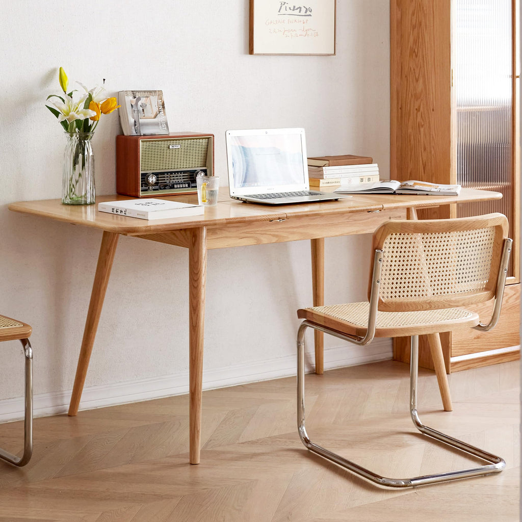 47''-63'' 100% Oak Extendable Dining Table, Solid Wood Folding Kitchen Table, Mid Century Modern Dinner Table