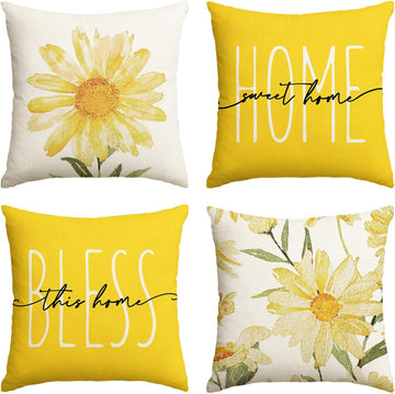Home Sweet Home Spring Summer Flowers Yellow Throw Pillow Covers, 18 x 18 Inch Cushion Case