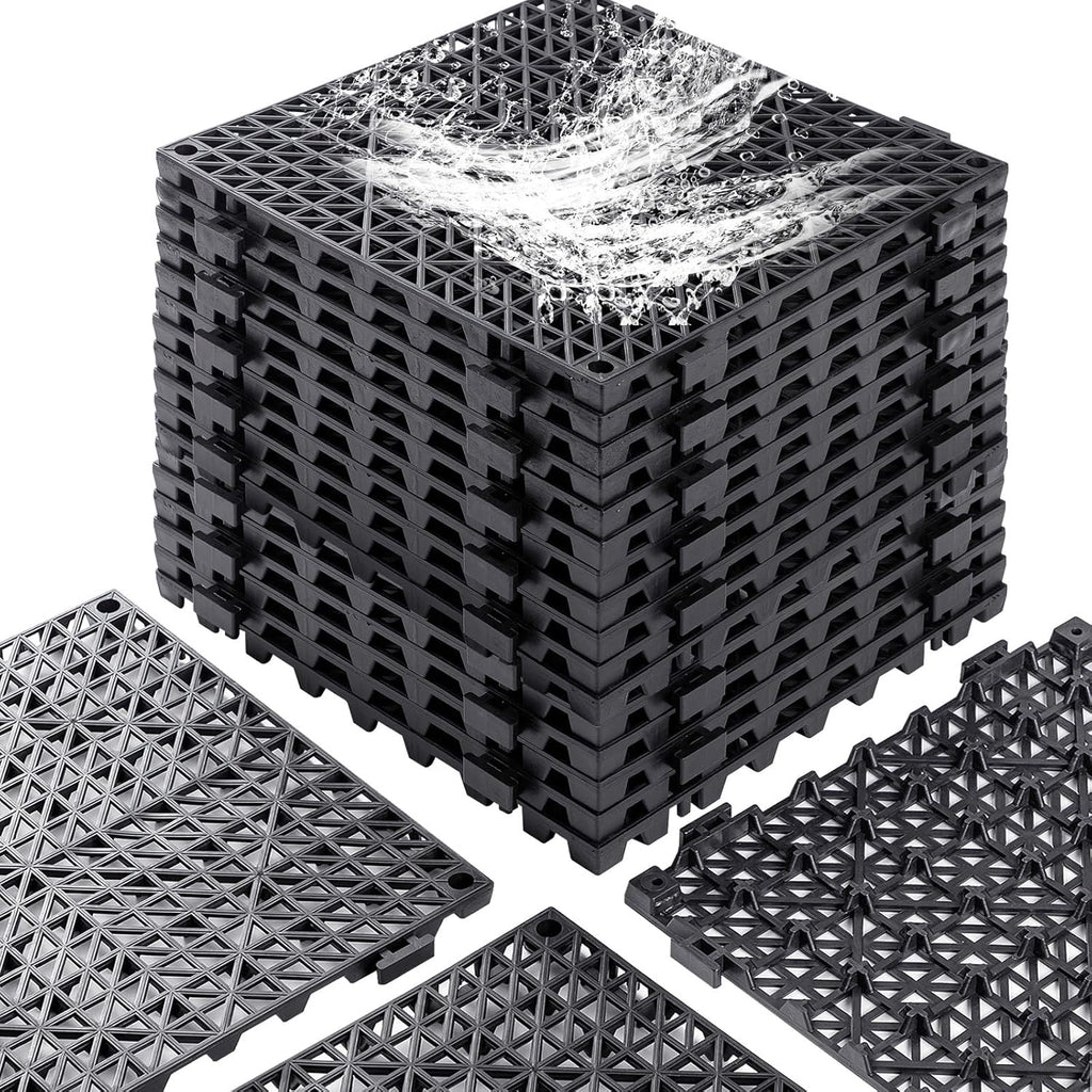 12” x 12” Drainage Interlocking Floor Tiles, 12 Pack Non-Slip Pool Deck Drain Mats for Flooring, Soft PVC Splicing