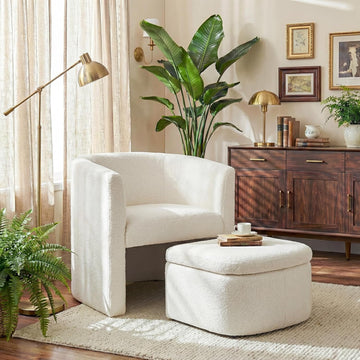 Velvet Morden Living Room Chair with Storage Ottoman, Barrel Accent Chair with Lounge Seat /Reading Spaces
