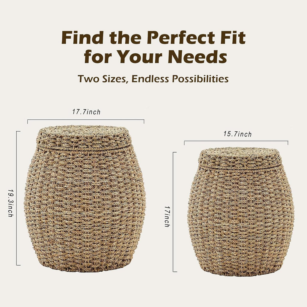 Round Wicker Basket with Lid, Handwoven Seagrass Storage Basket, Blanket Organizer Basket for Laundry, Bathroom