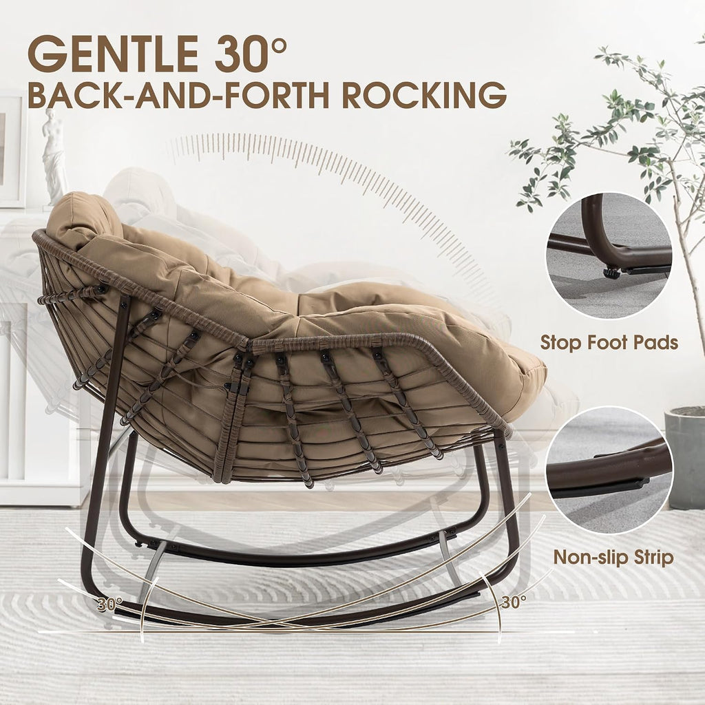 Oversized Papasan Rocking Chair - Outdoor Luxury Comfy Patio Chair Indoor Egg Royal Rattan Rocking Chair with Cushion