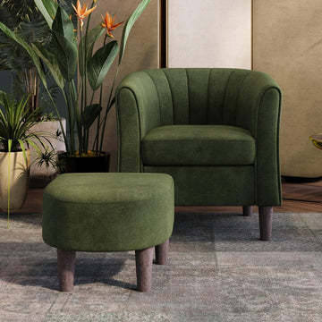 Accent Chair with Ottoman, Modern Barrel Chair Comfy Armchair Reading Chair with Footrest, Small Round Arms Chair