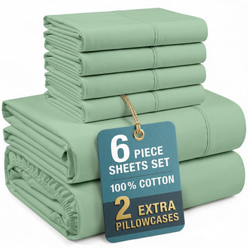 Queen Bed Sheets - 100% Cotton Sheets with 4 Pillowcases, Crisp Percale Weave & Cozy Feel, Cooling & Breathable Queen