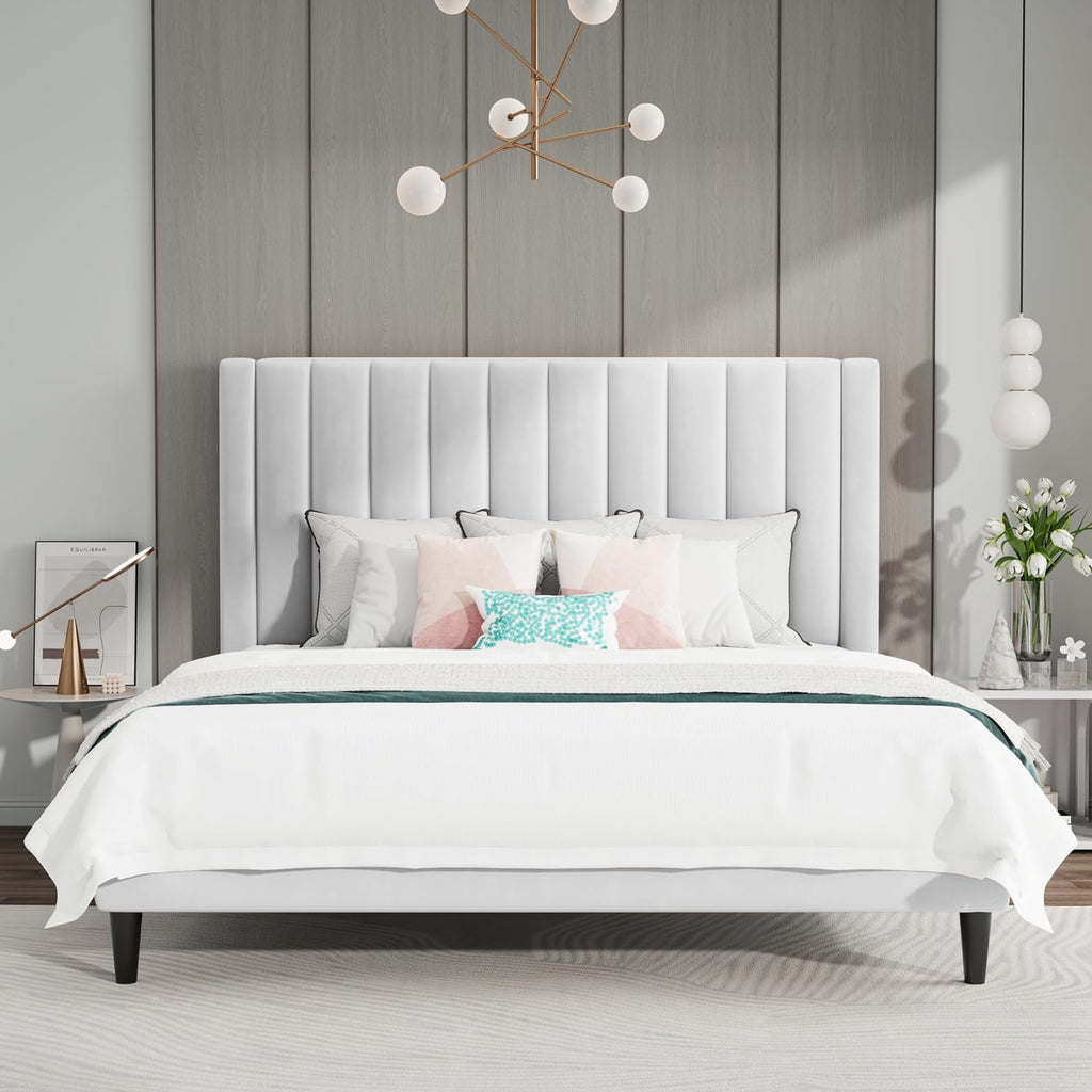 Queen Bed Frame/Velvet Upholstered Platform Bed Frame with Headboard/Strong Wood Slats Support/Mattress Foundation/No
