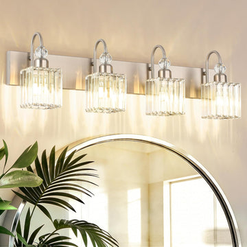 Crystal Brushed Nickel Vanity Light 4-Light Modern Bathroom Light Fixtures