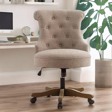 Home Upholstered Armless Linen Fabric Desk Chair with Wheels Adjustable Height Computer Desk Chair with Wooden Legs
