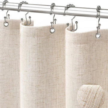 Beige Slub Linen Shower Curtain with Double Sided Hooks 72" W x 72" L | Neutral Rich Woven Textured Fabric for
