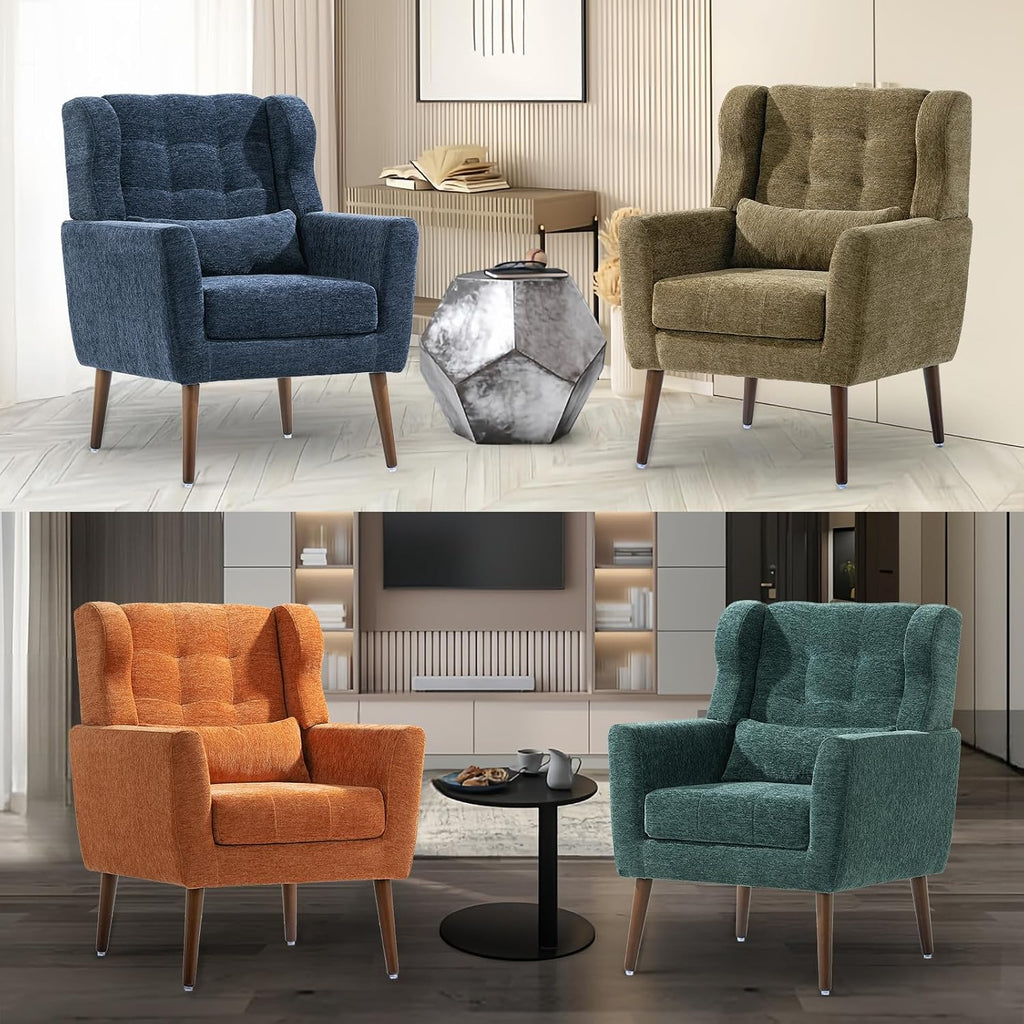 Accent Arm Chairs , Chenille Upholstered Mordern Armchair, Comfy Soft Padded Lounge Chair , Pillow, Solid Wood Leg