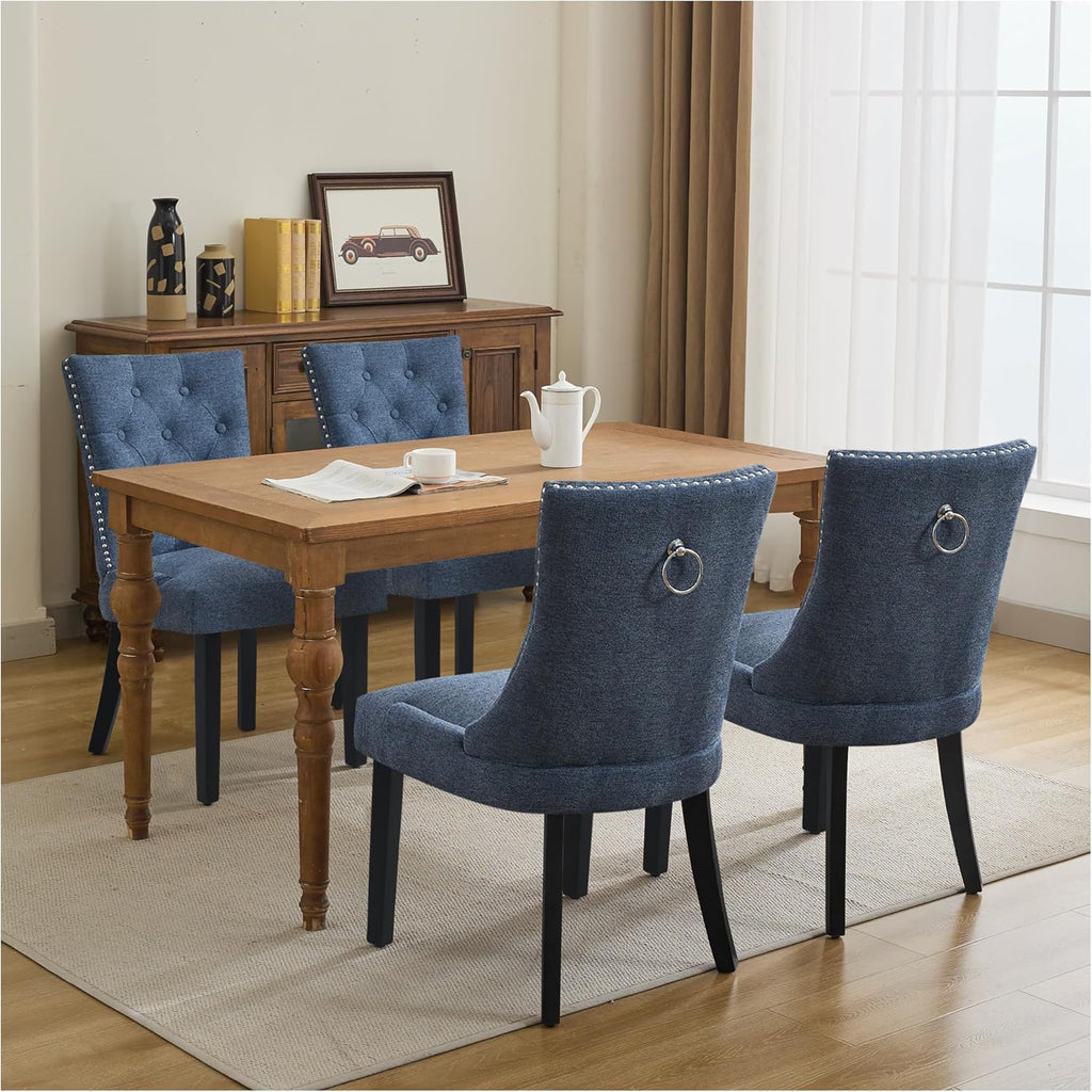 Upholstered Tufted Dining Chairs Set of 2, Fabric Side Dining Room Chairs with Nailhead Back Ring Pull Trim Solid