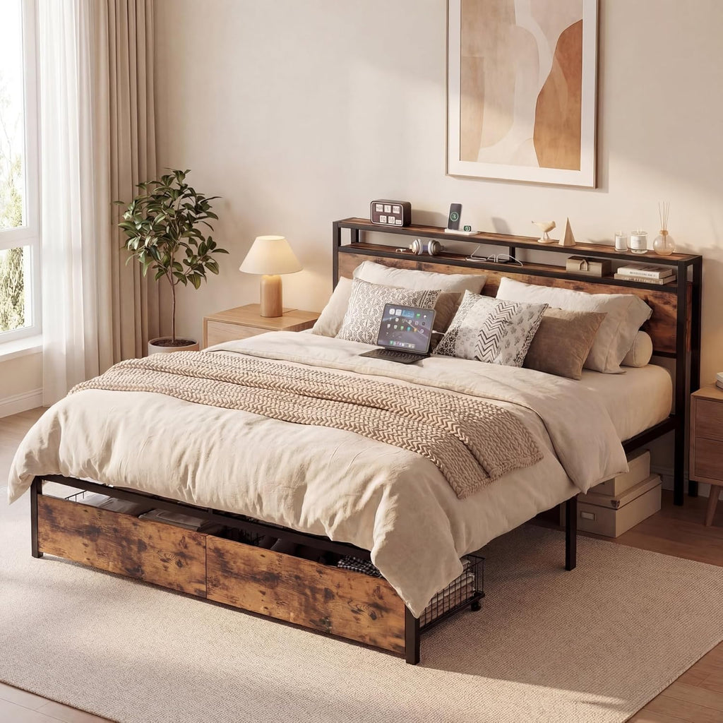 King Bed Frame with Storage Headboard, Platform King Bed with 2 Drawers and Charging Station, Heavy-Duty Metal Slats