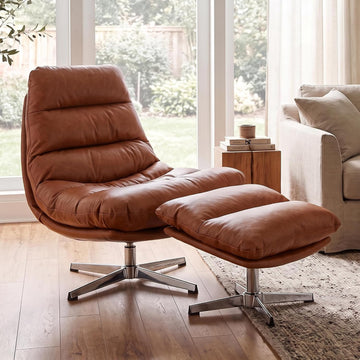 Brown Swivel Lounge Chair with Ottoman Modern PU Leather Accent Chair with Footrest 33'' Wide Oversized Armless