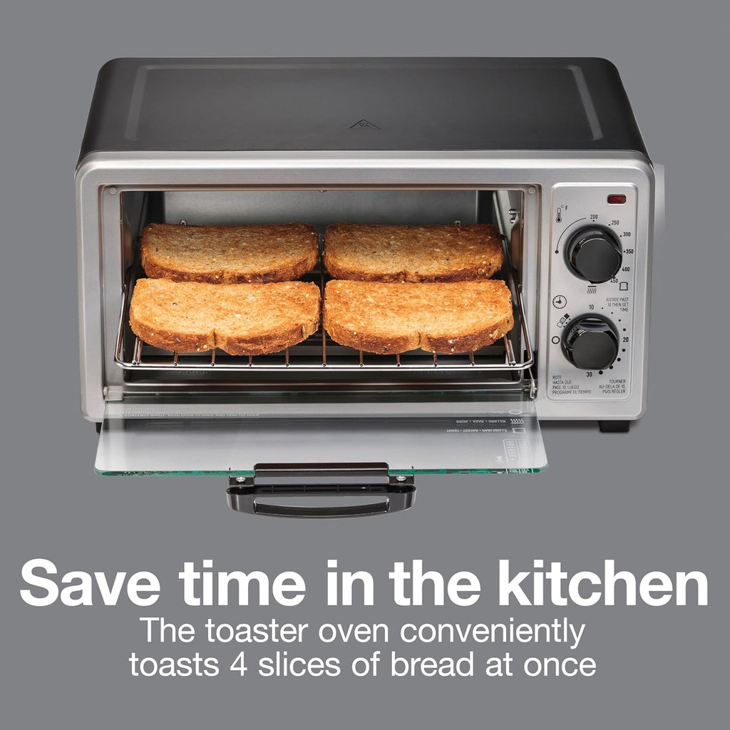 4 Slice Countertop Toaster Oven, Multi-Function with Bake, Toast and Broiler, 1100 Watts, 30 min timer and auto