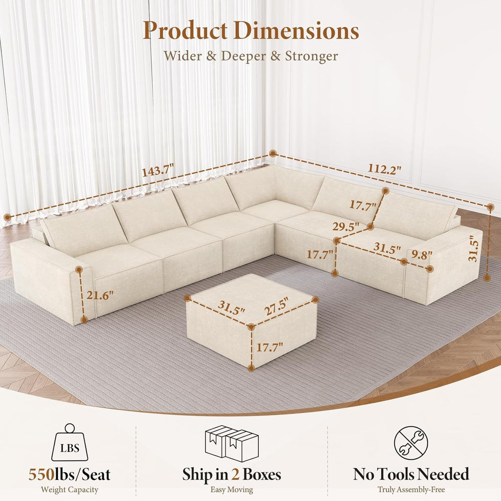 142" Modular Couch, Modern 7 Seater Sofa Couches for Living Room, No Assembly Required, White