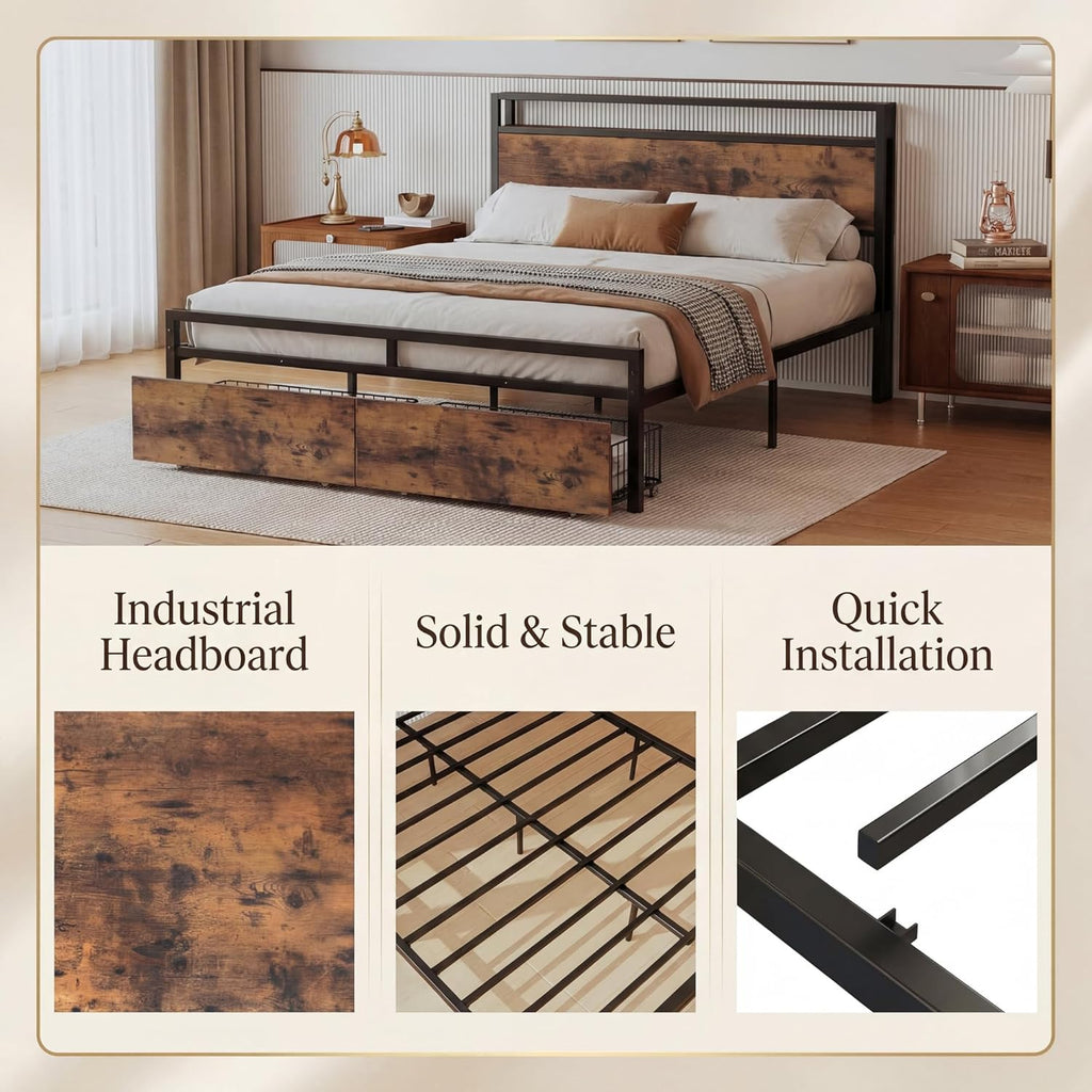 King Bed Frame with Storage Headboard, Platform King Bed with 2 Drawers and Charging Station, Heavy-Duty Metal Slats