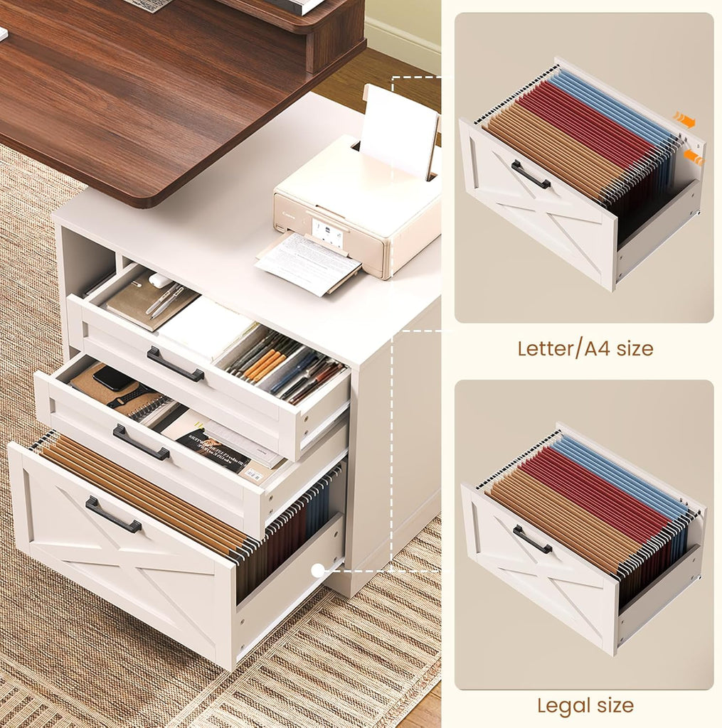 Farmhouse Electric Standing Desk, 55" Height Adjustable Computer Desk with 3 Drawers, File Cabinet, Storage Shelves