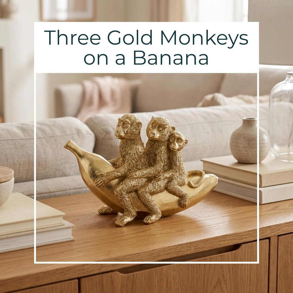 Hand Painted Three Monkeys on Banana Figurine Decor - Animal Sculpture , & Living Room Accent - Playful Ornaments for