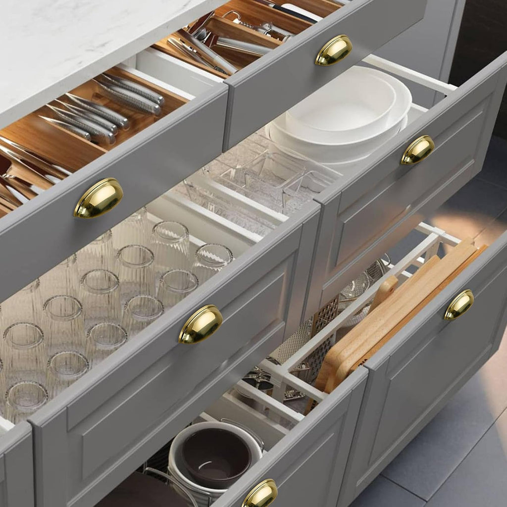 5-Pack Unlacquered Brass Cabinet Cup Pulls, Gold Bin Cup Drawer Dresser Handles, 3-Inch Hole Center, Kitchen Cupboard