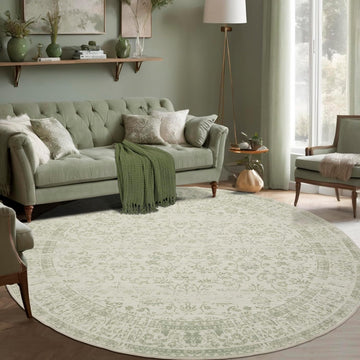 6ft Round 6' Round Rug Washable Area Circle Rug Vintage Carpet Indoor Floor Cover Floral Print Sage 