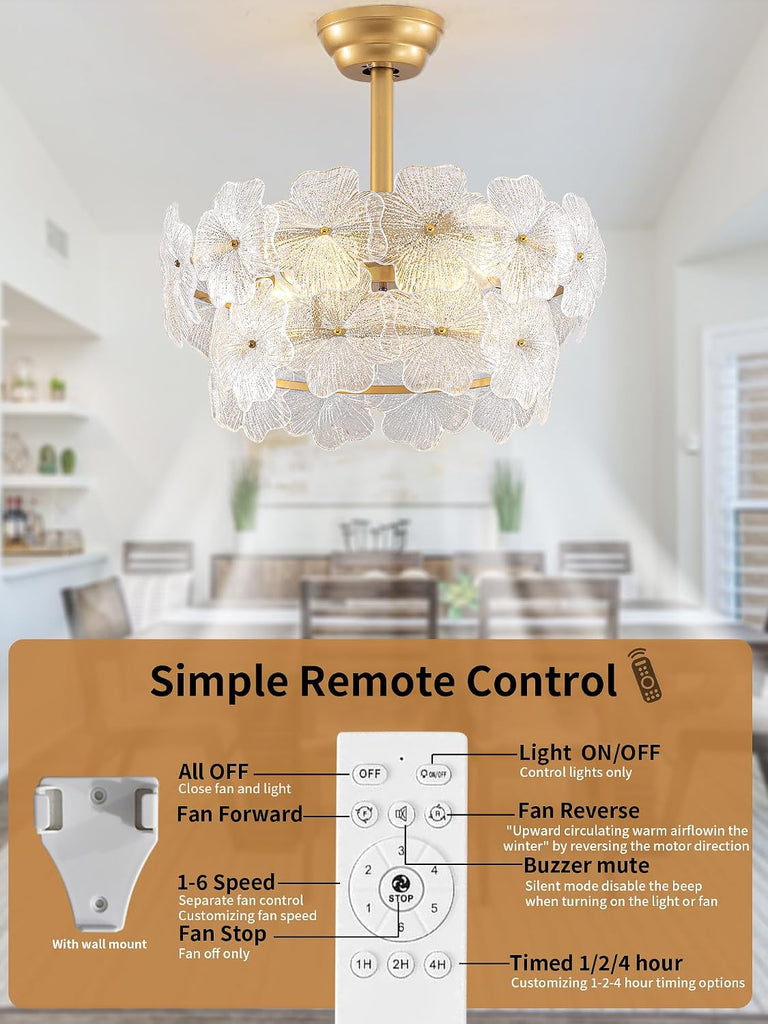 Gold Flower Crystal Ceiling Fan with Lights,20" Caged Fandelier with Remote Control