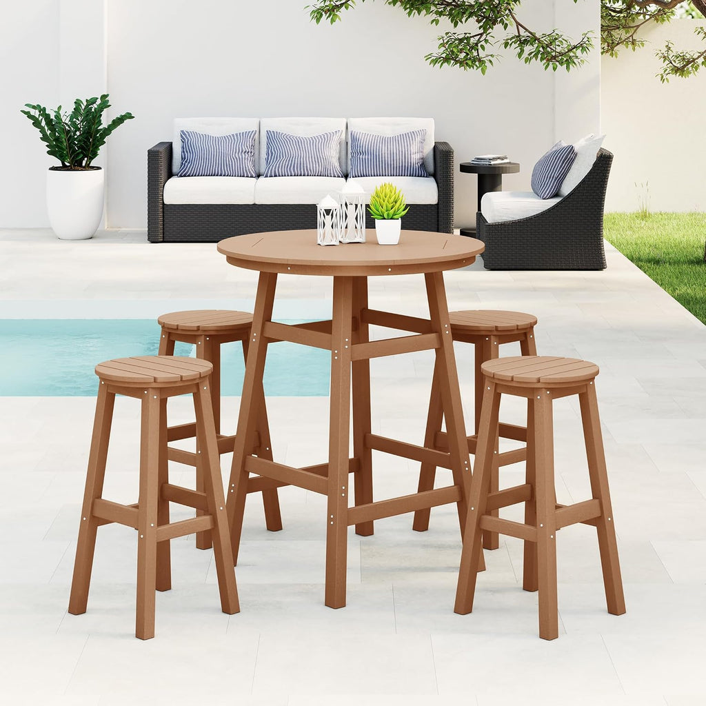 29" Height Outdoor Bar Stools, All-Weather Bar Stools, Adirondack Poly Patio Round Bar Stool Counter and Garden, Teak
