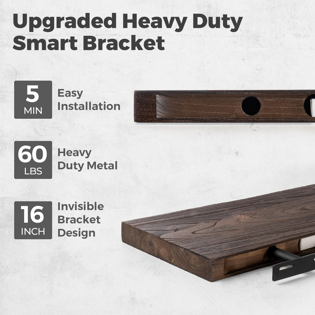 Live Edge Elm Floating Shelves For Wall - 55" W x 9.3" D Rustic Solid Long Wood Shelves with Invisible Bracket