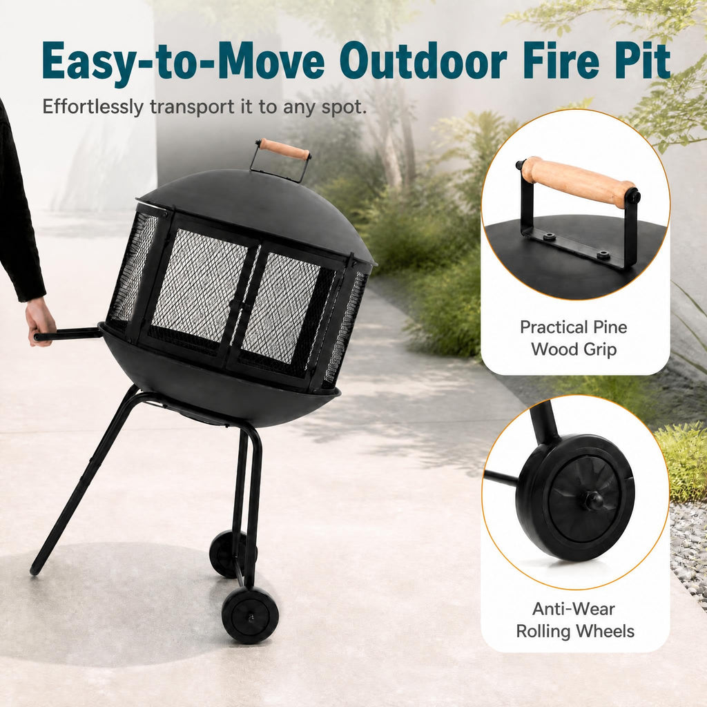 28" Outdoor Fire Pit with Lockable Doors, Fire Poker & Wheels