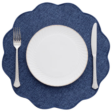 Navy Blue Round Scalloped Placemats Set of 4 Polyester Linen Blend
