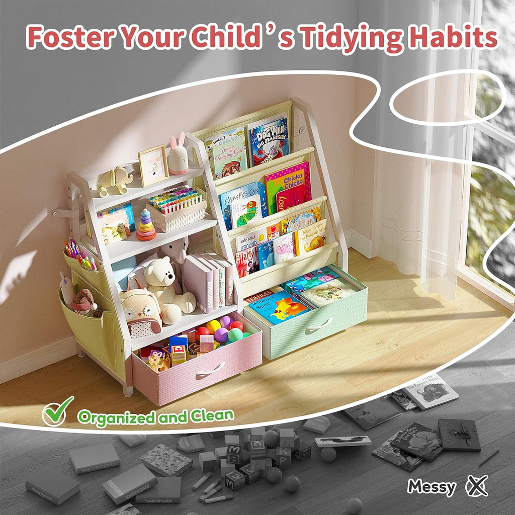 3 Tier Kids Bookshelf and Toy Organizer | 32.4"x11.8"x29.9", 3 Sling Pockets, 2 Bottom Drawers, Large Capacity Bins