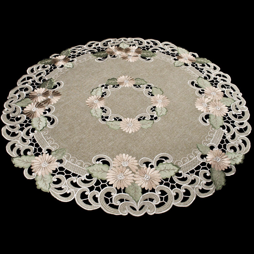 Embroidered Table Topper Gold Daisy Fleur Latte Small Tablecloth Doily (33 Inch Round)