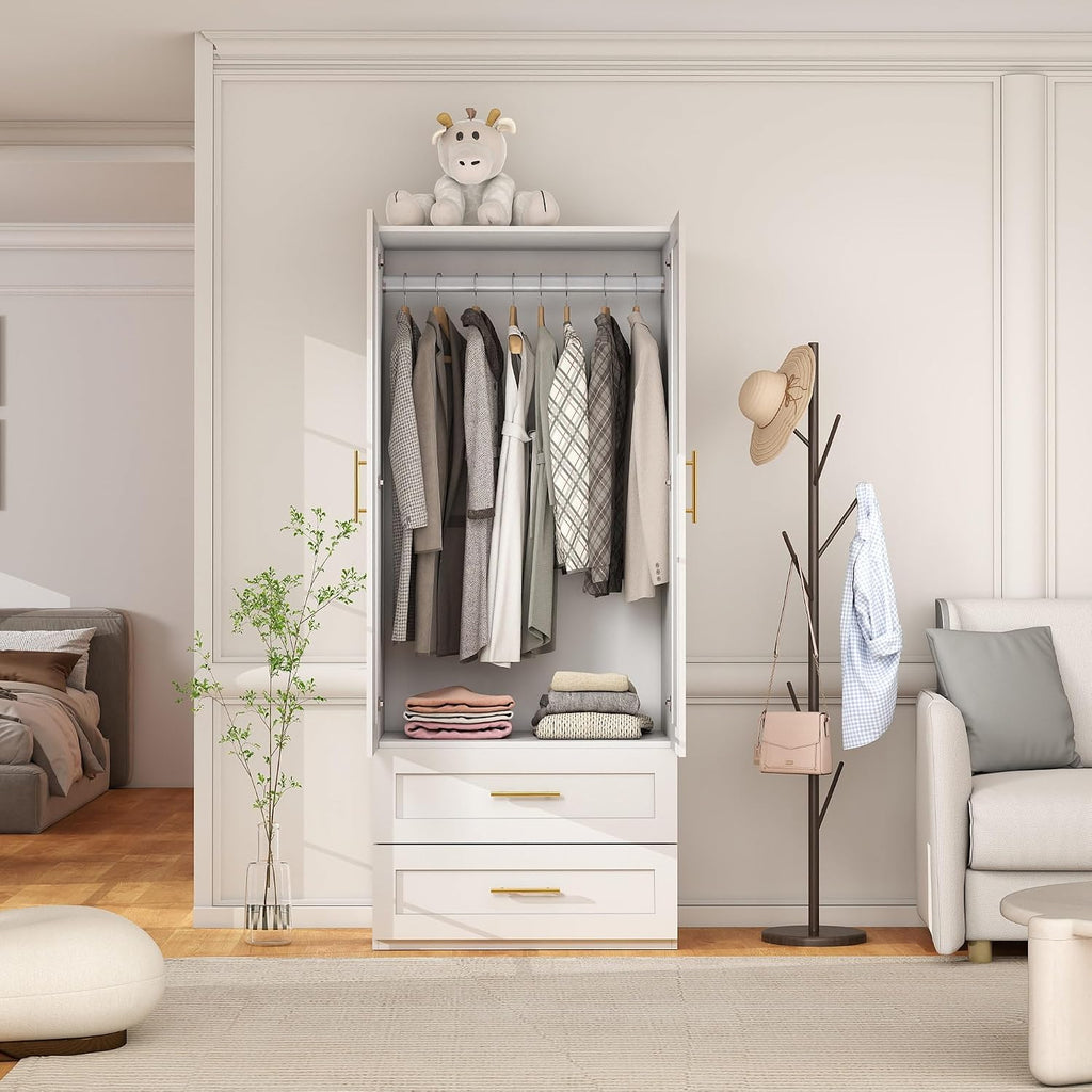 White Wardrobe with 2 Doors: 75" Tall Armoire Wardrobe Closet with 2 Drawers, Bedroom Closet Cabinet for Hanging
