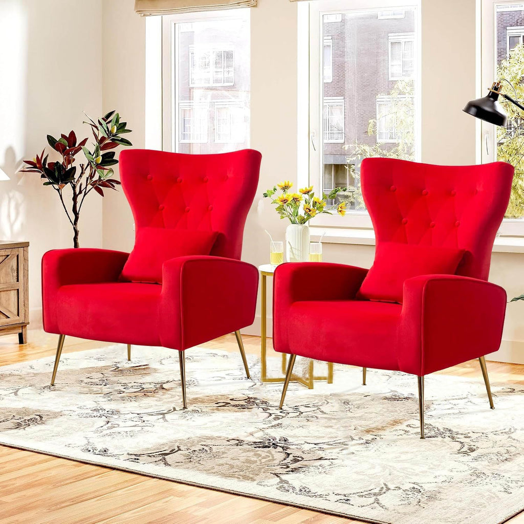 Velvet Accent Arm Chairs Set of 2, Mid-Century Modern Living Room Chair, Wingback Bedroom Side Chair with Gold Legs &