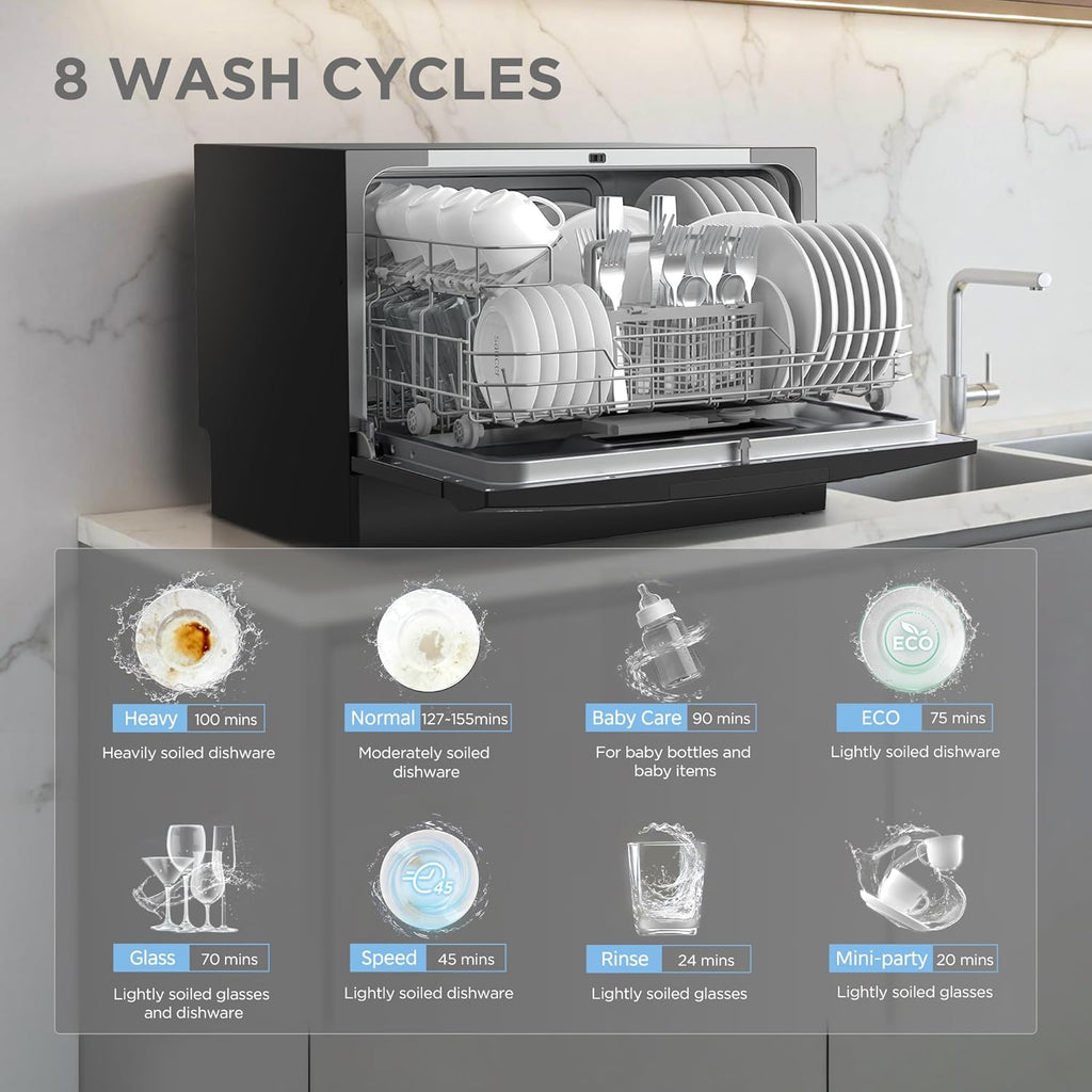 Countertop Dishwasher, Portable Dishwasher, 6 Place Settings & 8 Washing Programs, Speed, Baby-Care, ECO& Glass