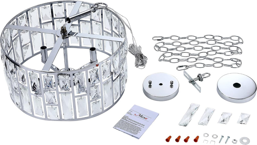 Farmhouse Crystal Convertible Chandelier and Semi Flush Mount Lighting Chrome Cylinder Drum Shade Pendant for Kitchen