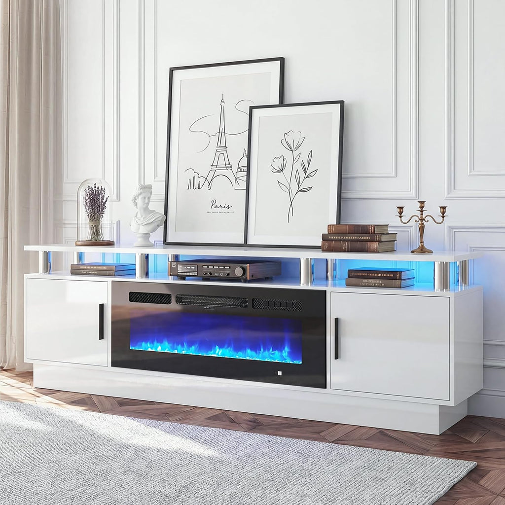 70" Fireplace TV Stand for TVs UP to 80", Electric Fireplace Entertainment Center with LED Lights & Storage Cabinets