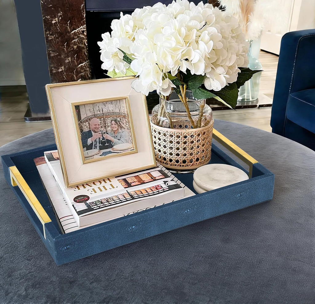 Faux Leather Serving Tray with Gold Metal Handles, Stylish Decorative Tray Organizer for Coffee Table, Ottoman, Home