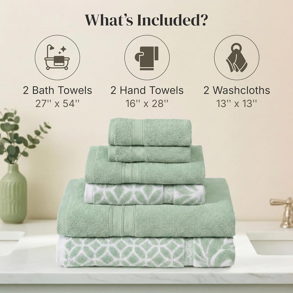 6 Piece Bath Towel Set - Bathroom Set with 2 Bath Towels, 2 Hand Towels, and 2 Wash Cloths - 100% Cotton, Super