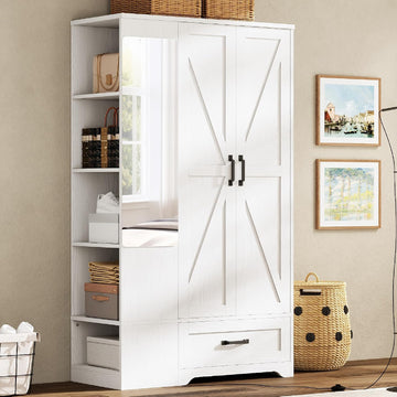 Armoire Wardrobe Closet 70 Inches, Large Storage with Mirror, 2 Doors, Drawer, and Shelves, Modern Bedroom