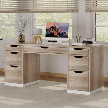 Home Office Desk with Drawers, 54 Inch Computer Desk with Storage, Study Writing Desk with 7 Drawers for Small