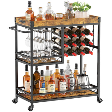 3 Tier Bar Cart with 12 Wine Racks, Serving Trolley, Rustic Brown