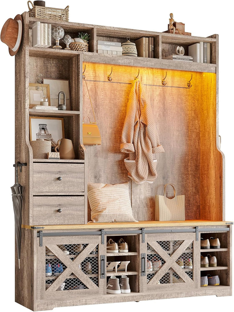 75"H 7-in-1 Farmhouse Hall Tree with Bench and shoe storage, LED Entryway Bench with Coat Rack, 12 Shoe Cubbies, 2