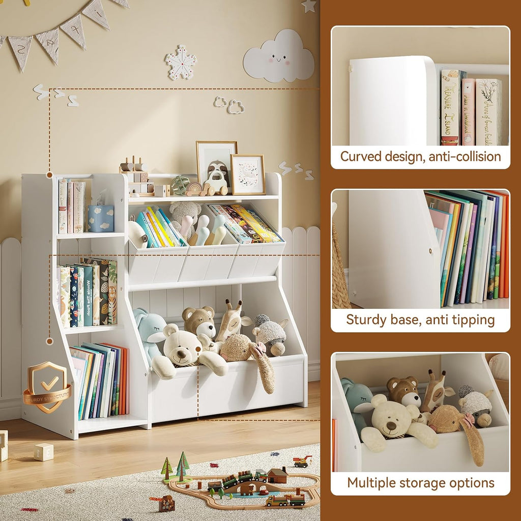Kids Toy Storage Organizer with Bookshelf | Three-tier bookshelf and spacious toy bin encourage independent reading