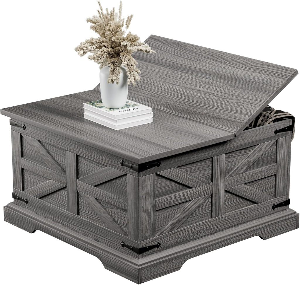 Farmhouse Coffee Table with Storage, Square Center Table, Rustic, Hinged Lift Top Soft Close, Wood